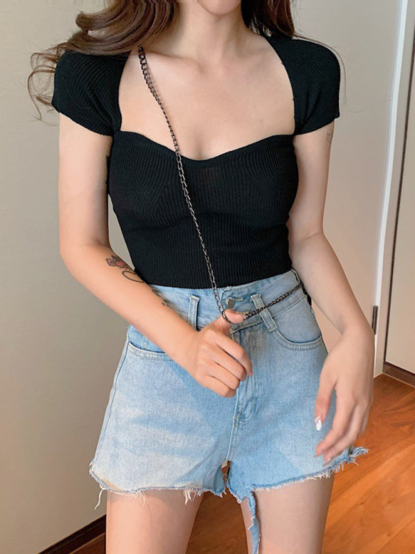 Aspen Women's Generous Square Collar Solid Color Short Top Slim Fit Thin Short-Sleeved Sweater Summer