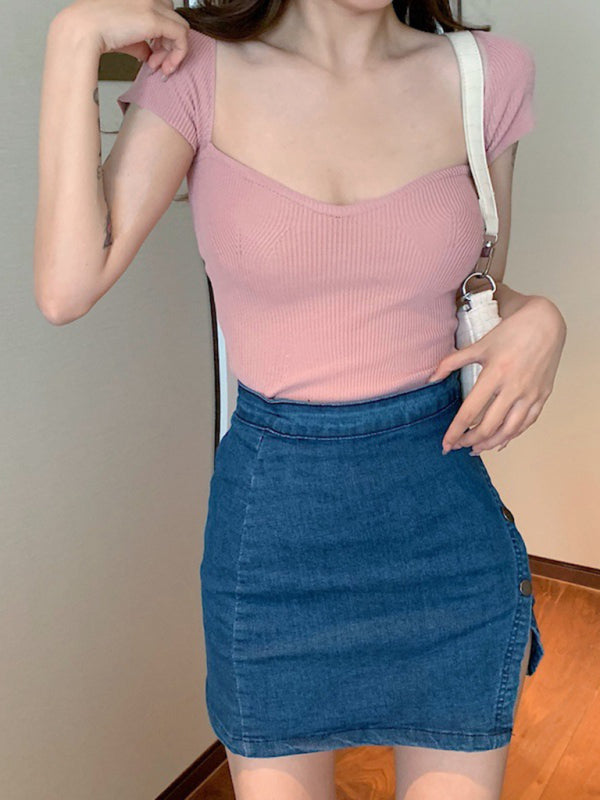Aspen Women's Generous Square Collar Solid Color Short Top Slim Fit Thin Short-Sleeved Sweater Summer
