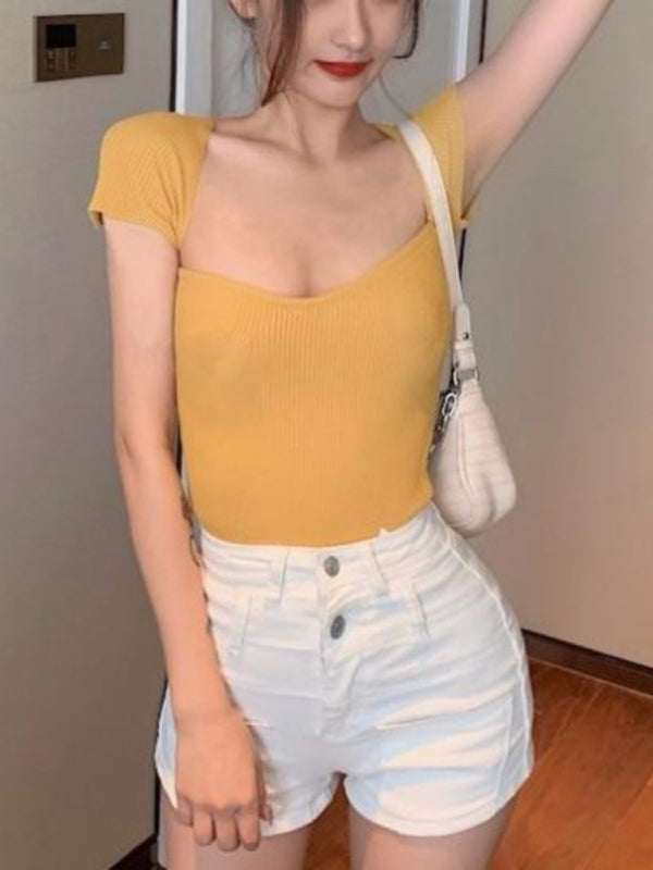 Aspen Women's Generous Square Collar Solid Color Short Top Slim Fit Thin Short-Sleeved Sweater Summer