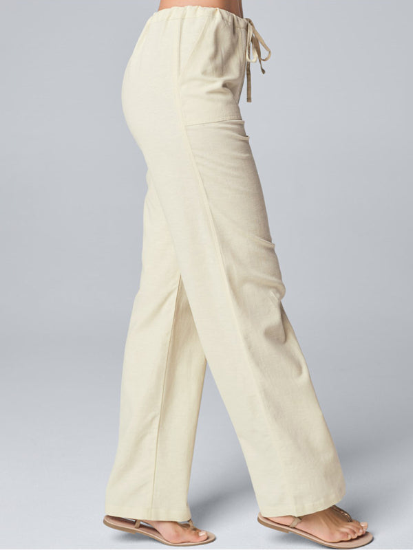Eleanor Women's Solid Color Loose Lace Cotton Linen Straight Casual Trousers