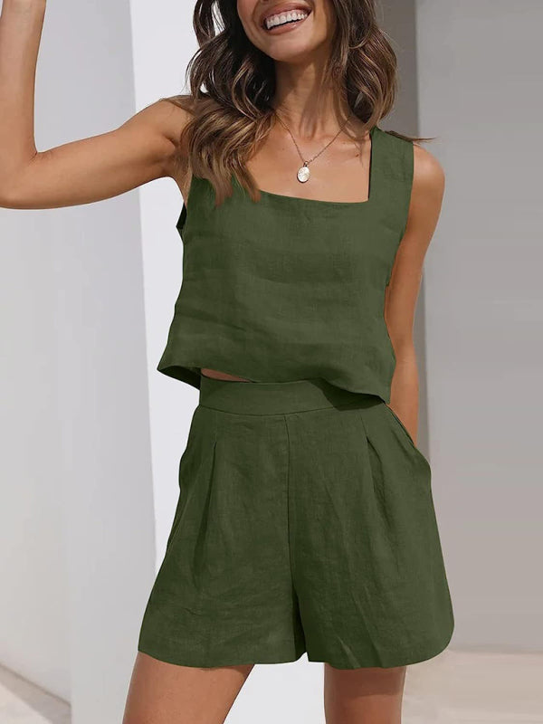 Kamilah Women's Solid Color Casual Cotton Linen Sleeveless Square Neck Top + Shorts Two-Piece Set