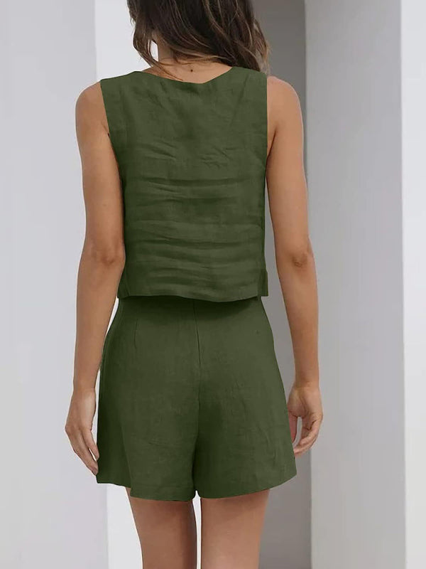 Kamilah Women's Solid Color Casual Cotton Linen Sleeveless Square Neck Top + Shorts Two-Piece Set