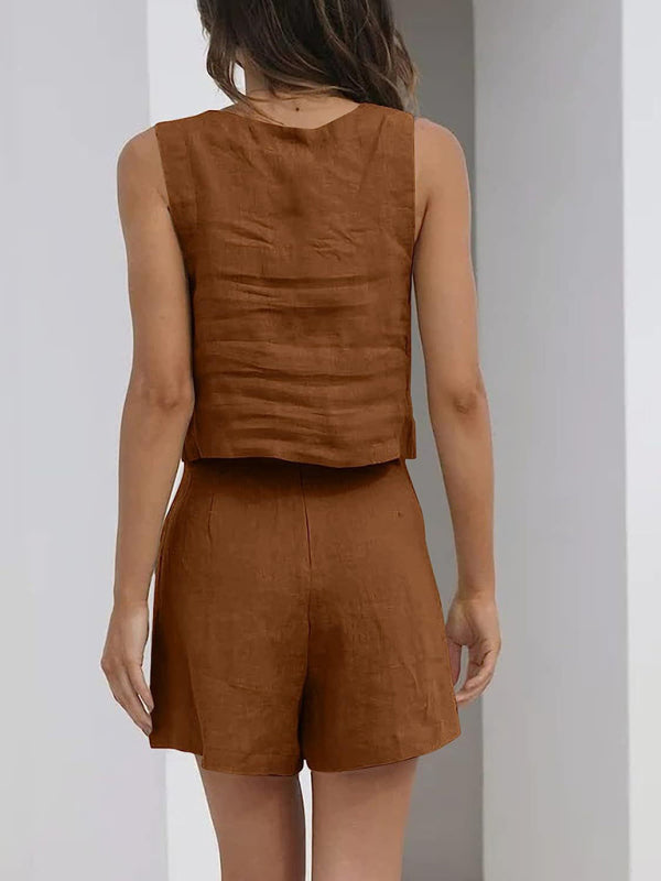 Kamilah Women's Solid Color Casual Cotton Linen Sleeveless Square Neck Top + Shorts Two-Piece Set
