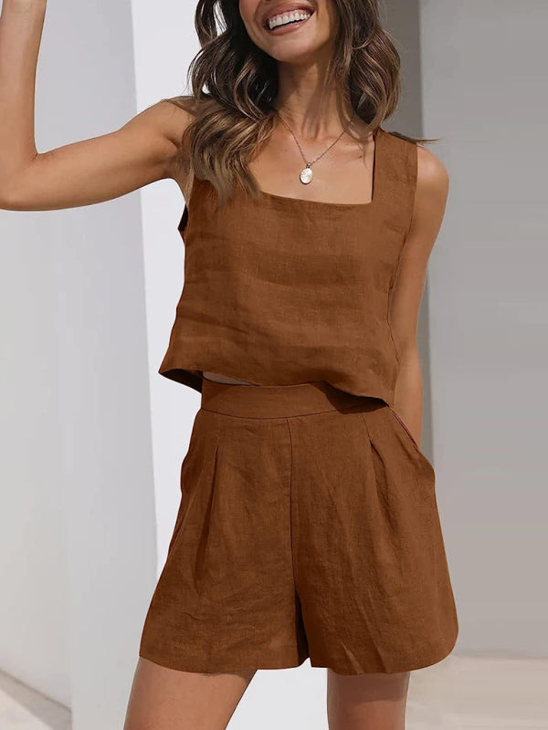 Kamilah Women's Solid Color Casual Cotton Linen Sleeveless Square Neck Top + Shorts Two-Piece Set