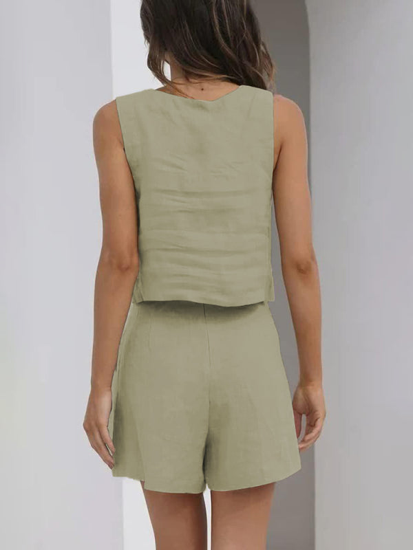 Kamilah Women's Solid Color Casual Cotton Linen Sleeveless Square Neck Top + Shorts Two-Piece Set