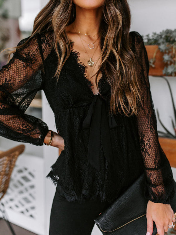 Braelyn New Lace Embroidery Stitching Lace Bow Tie Long Sleeve Top