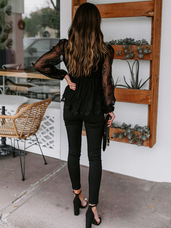 Braelyn New Lace Embroidery Stitching Lace Bow Tie Long Sleeve Top