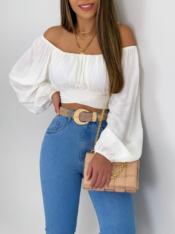 Coretta Women's Solid Color One Shoulder Balloon Sleeve Top