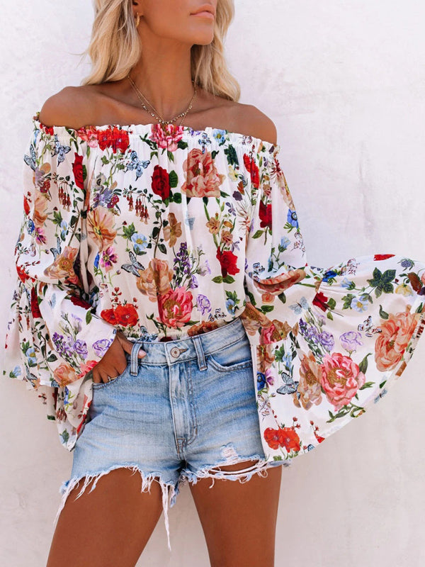 Clio New Print One-Shoulder Bell Sleeve High Waist All-Match Top