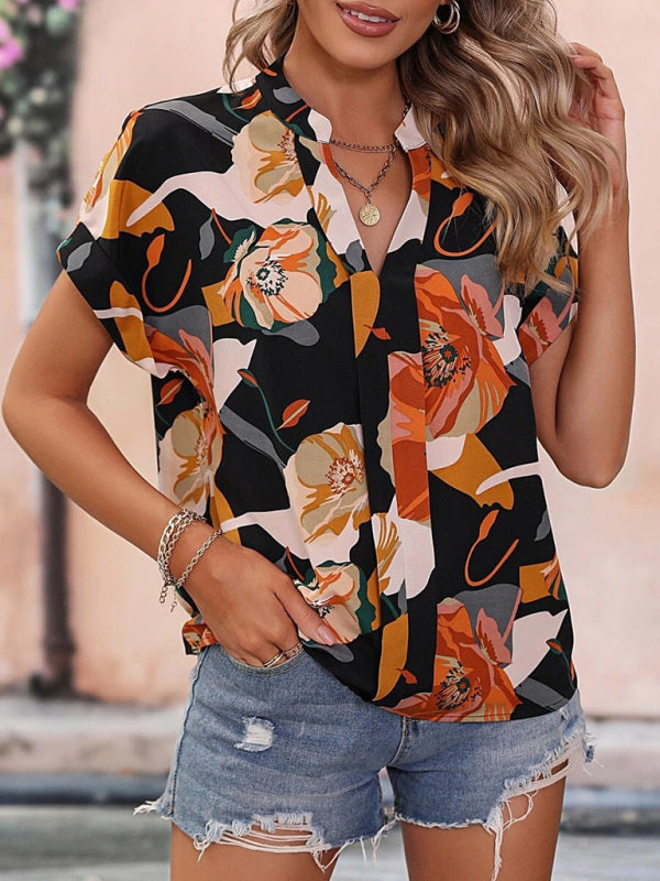 Clementina Women's Fashion Painted Printing V-Neck Short Sleeve Top