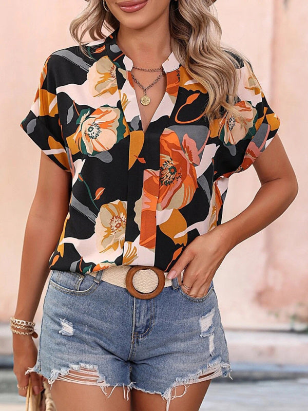 Clementina Women's Fashion Painted Printing V-Neck Short Sleeve Top
