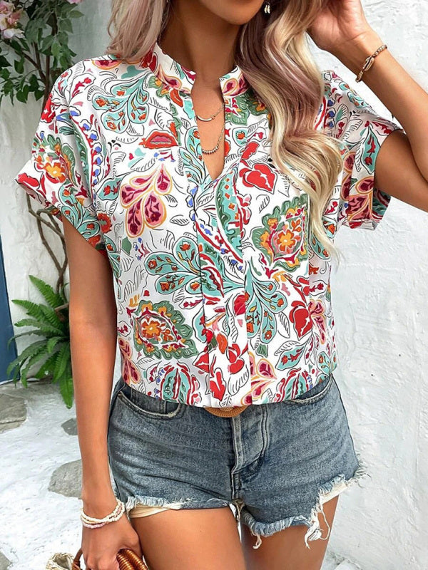Clementina Women's Fashion Painted Printing V-Neck Short Sleeve Top