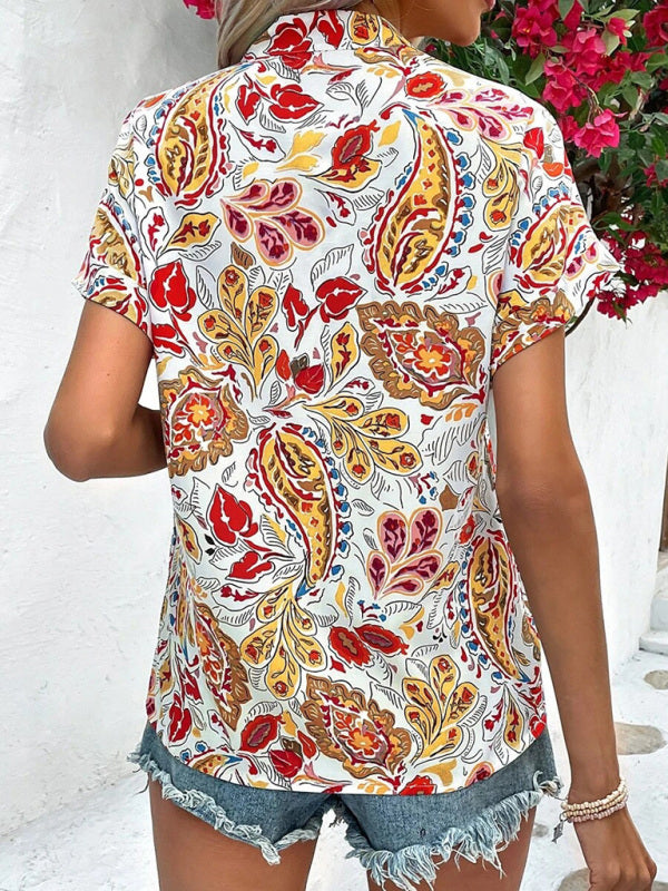 Clementina Women's Fashion Painted Printing V-Neck Short Sleeve Top