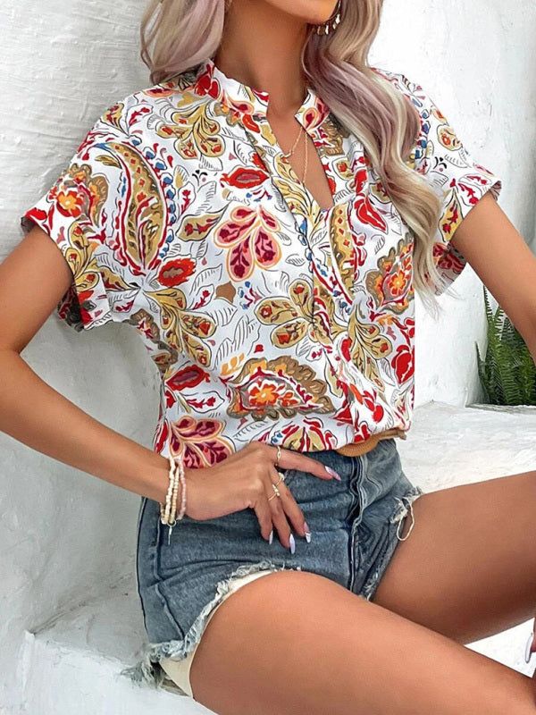 Clementina Women's Fashion Painted Printing V-Neck Short Sleeve Top
