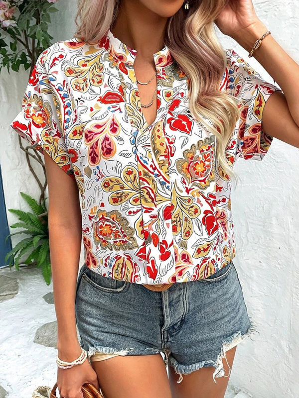 Clementina Women's Fashion Painted Printing V-Neck Short Sleeve Top