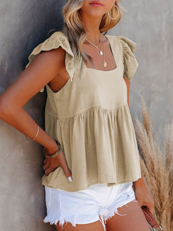Chesleigh Women's Solid Color Casual Square Neck Fly Fly Sleeve Top