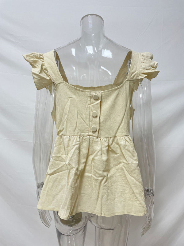 Chesleigh Women's Solid Color Casual Square Neck Fly Fly Sleeve Top
