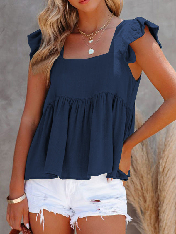 Chesleigh Women's Solid Color Casual Square Neck Fly Fly Sleeve Top