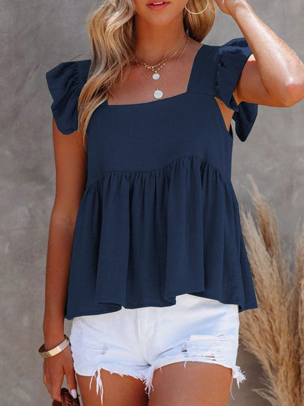 Chesleigh Women's Solid Color Casual Square Neck Fly Fly Sleeve Top