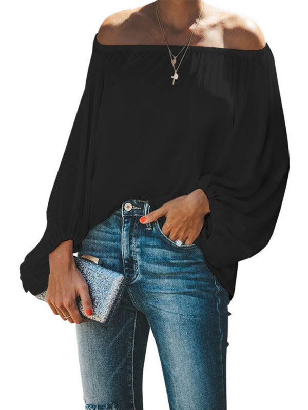 Bellamy Women's Off-Shoulder Solid Color Simple Lantern Sleeve Loose Long-Sleeved Top