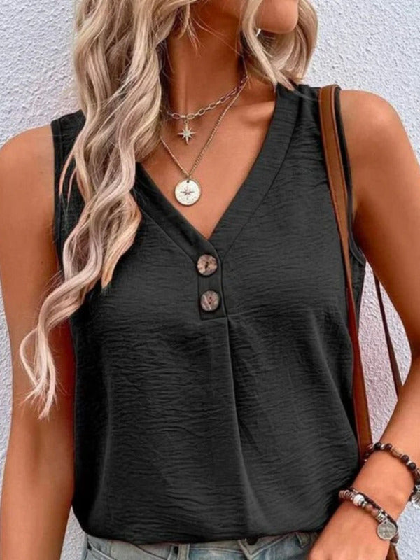 Jessamine Women's Solid Color Casual V-Neck Button Sleeveless Top