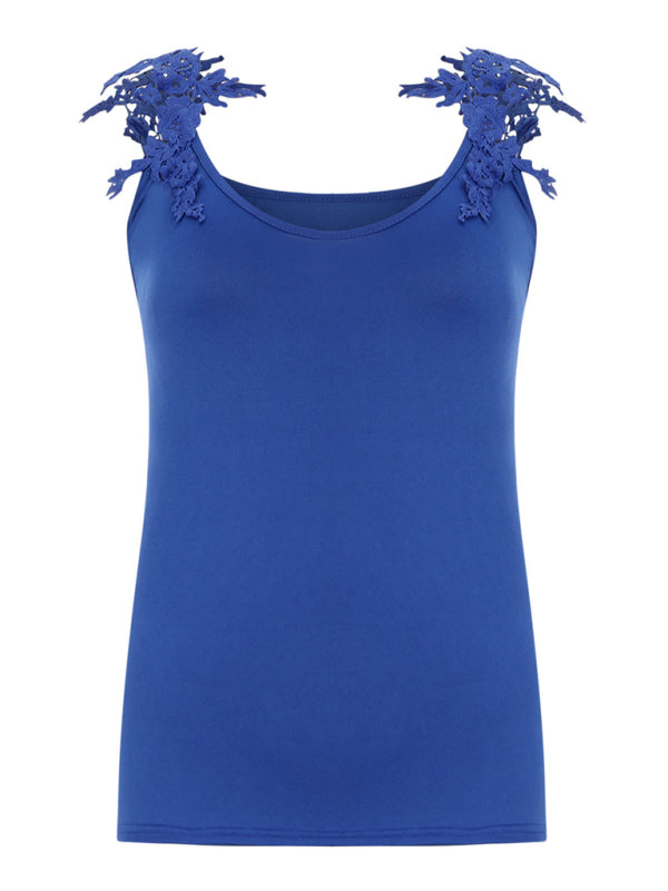 Raffaella Summer U-Neck Solid Color Lace T-Shirt Top Vest