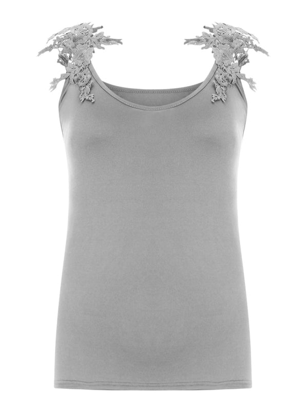 Raffaella Summer U-Neck Solid Color Lace T-Shirt Top Vest