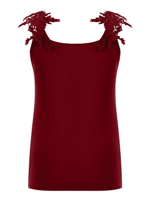 Raffaella Summer U-Neck Solid Color Lace T-Shirt Top Vest