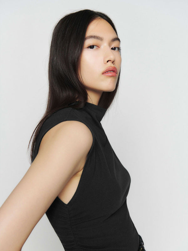 Jacinta Half-High Collar Casual All-Match Vest Short Shirred Polyester-Cotton Shirt