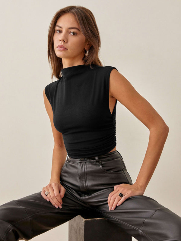 Jacinta Half-High Collar Casual All-Match Vest Short Shirred Polyester-Cotton Shirt