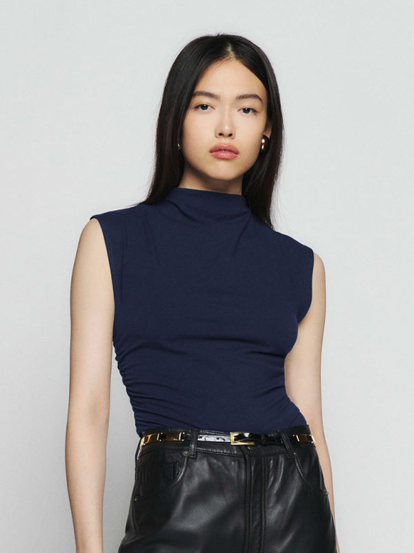 Jacinta Half-High Collar Casual All-Match Vest Short Shirred Polyester-Cotton Shirt