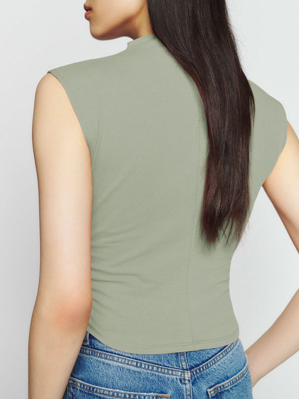 Jacinta Half-High Collar Casual All-Match Vest Short Shirred Polyester-Cotton Shirt