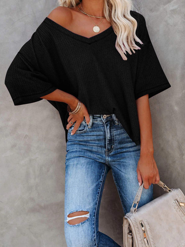 Kristy New V Neck Dolman Sleeve Waffle Knit Loose Solid Color Short Sleeve T-Shirt