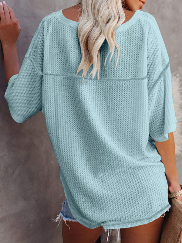 Kristy New V Neck Dolman Sleeve Waffle Knit Loose Solid Color Short Sleeve T-Shirt