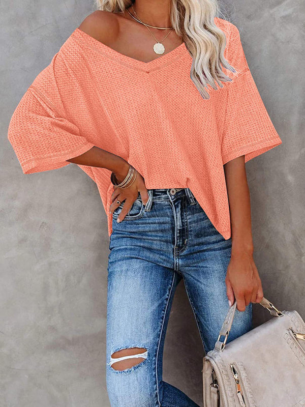 Kristy New V Neck Dolman Sleeve Waffle Knit Loose Solid Color Short Sleeve T-Shirt
