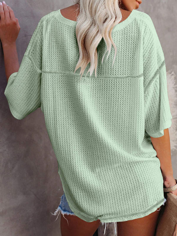 Kristy New V Neck Dolman Sleeve Waffle Knit Loose Solid Color Short Sleeve T-Shirt