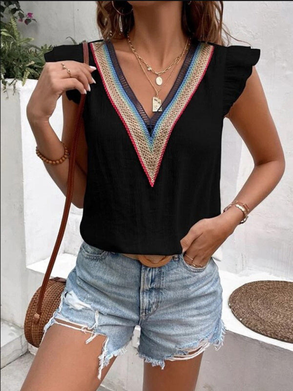 Chrysanth Women's V-Neck Lace Casual Solid Color Shirt