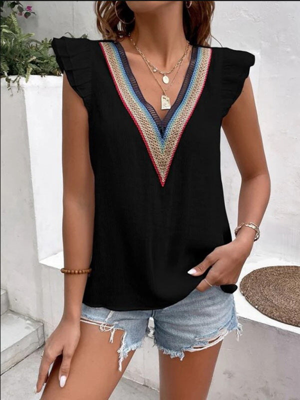 Chrysanth Women's V-Neck Lace Casual Solid Color Shirt
