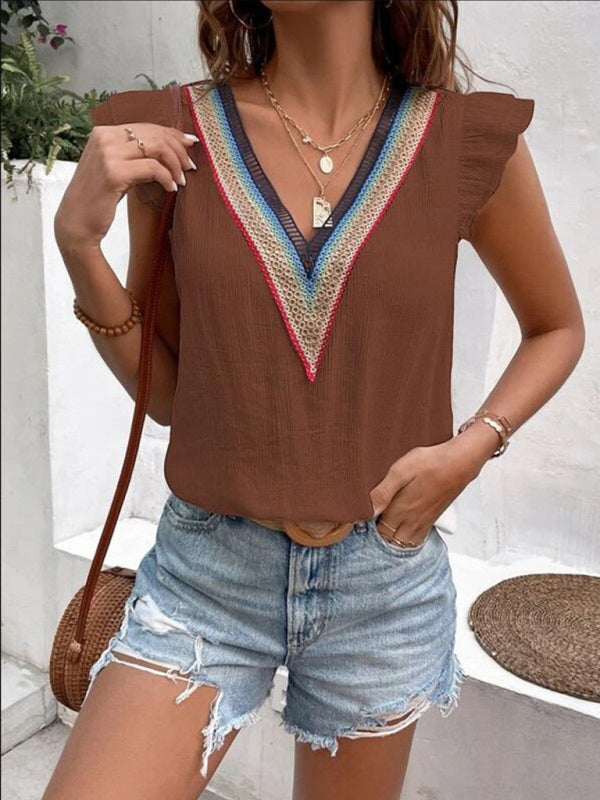 Chrysanth Women's V-Neck Lace Casual Solid Color Shirt