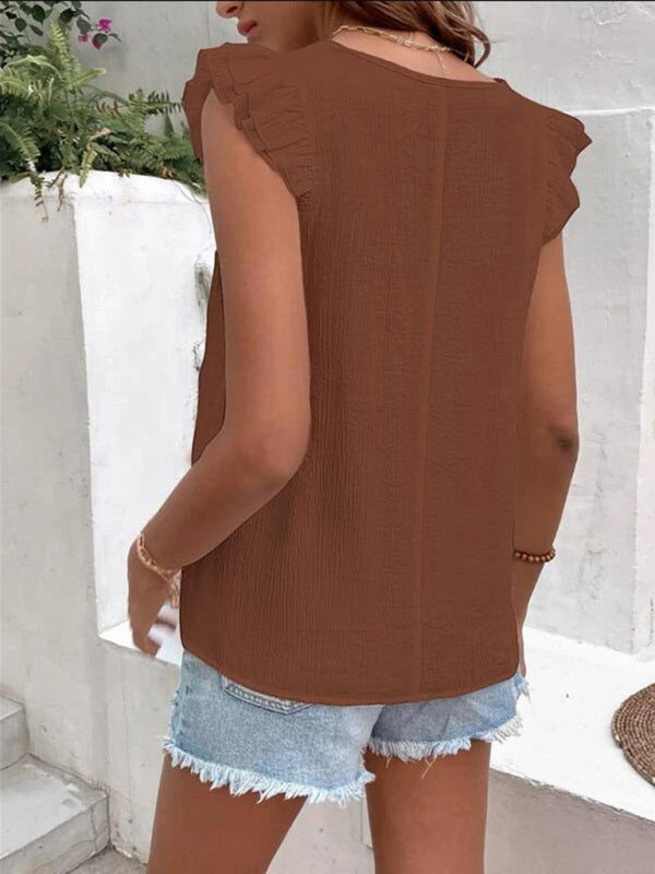 Chrysanth Women's V-Neck Lace Casual Solid Color Shirt