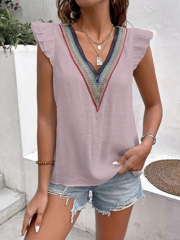 Chrysanth Women's V-Neck Lace Casual Solid Color Shirt