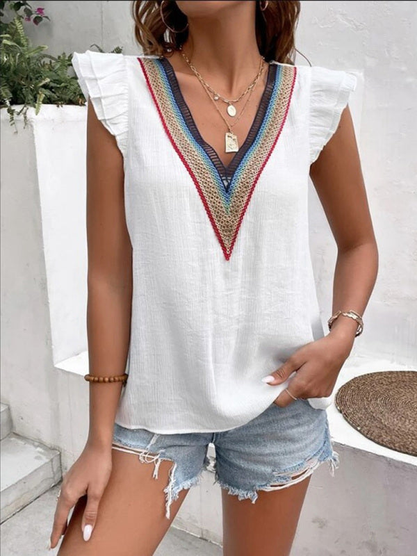 Chrysanth Women's V-Neck Lace Casual Solid Color Shirt