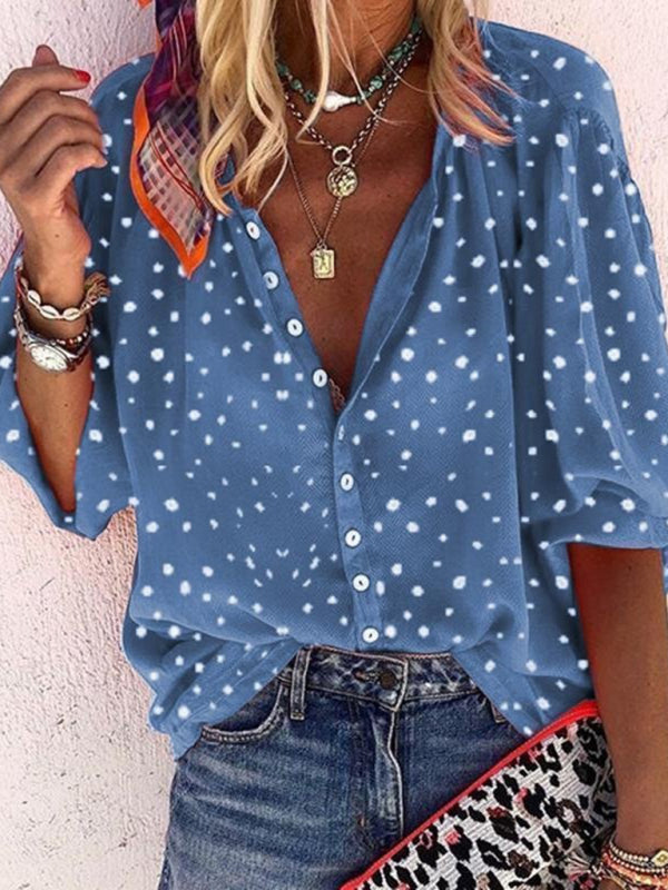Dulcina Polka Dot Snowflake Print Long Sleeve V Neck Button Ladies Shirt