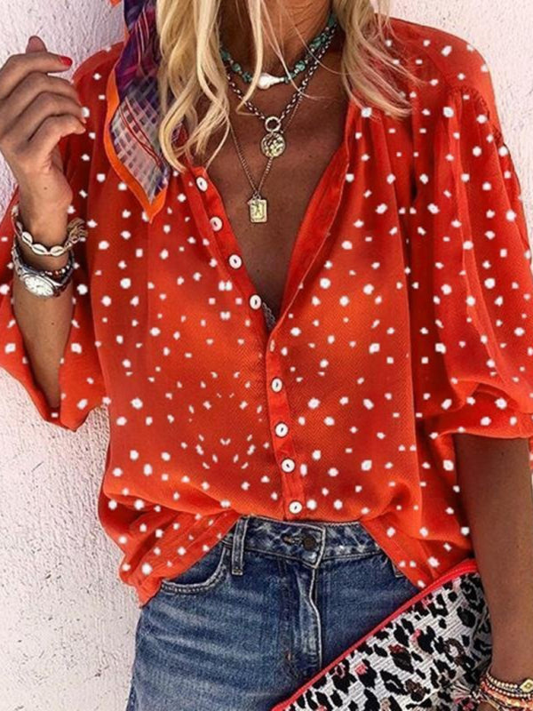Dulcina Polka Dot Snowflake Print Long Sleeve V Neck Button Ladies Shirt