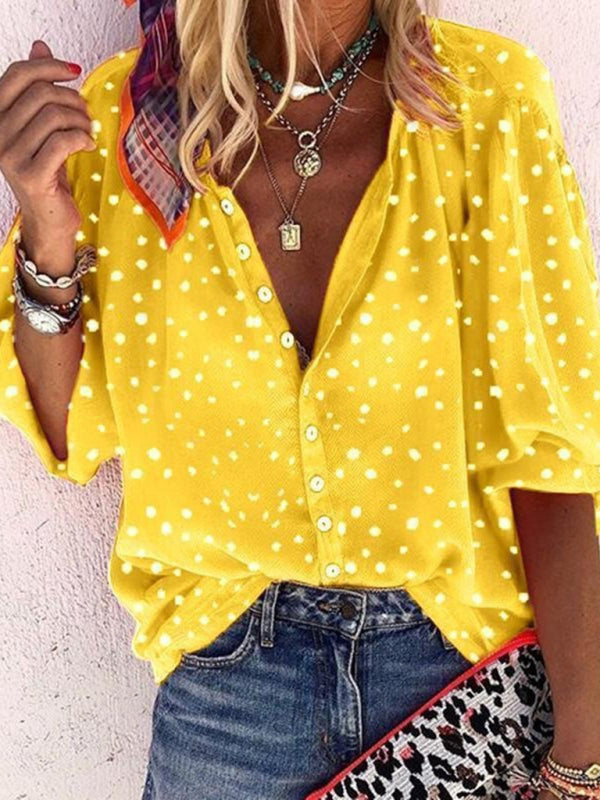 Dulcina Polka Dot Snowflake Print Long Sleeve V Neck Button Ladies Shirt