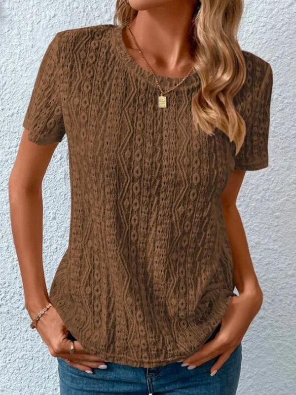 Meredith Women's Comfortable Fresh Sweet Round Neck Hollow Short Sleeve T-Shirt