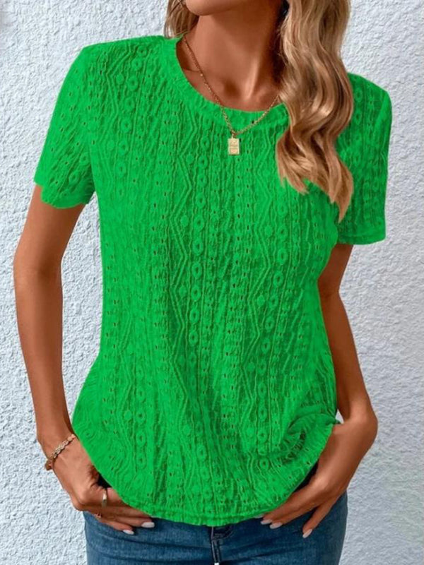 Meredith Women's Comfortable Fresh Sweet Round Neck Hollow Short Sleeve T-Shirt