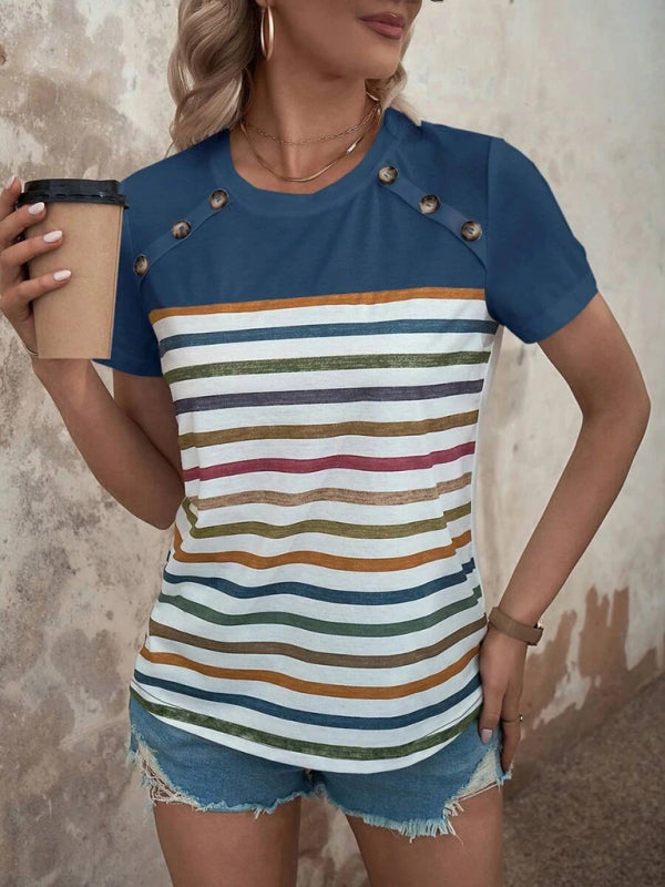 Lydia Women's Stripe Print Button Short Sleeve Casual Top