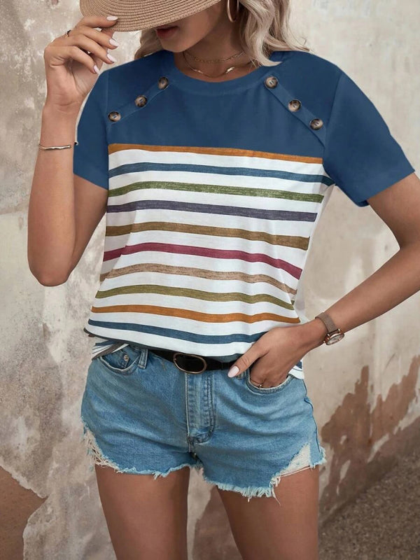 Lydia Women's Stripe Print Button Short Sleeve Casual Top