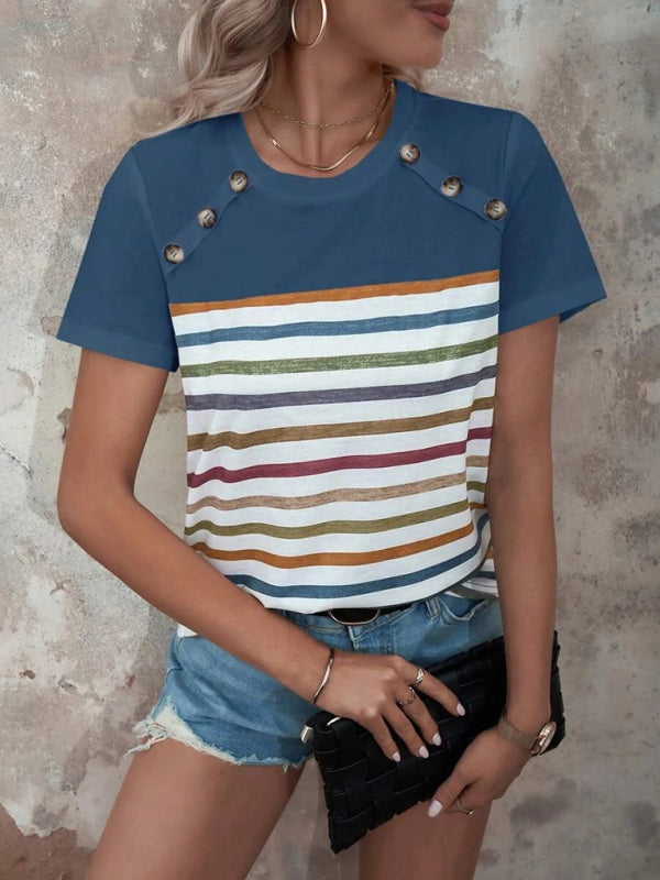Lydia Women's Stripe Print Button Short Sleeve Casual Top